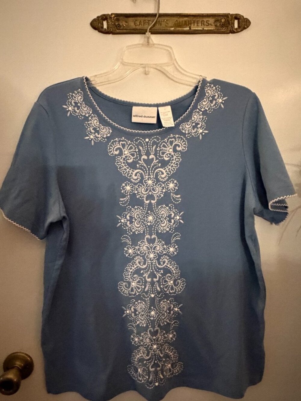 Alfred Dunner Embroidered Top / Tee Light blue white beaded appliqué large